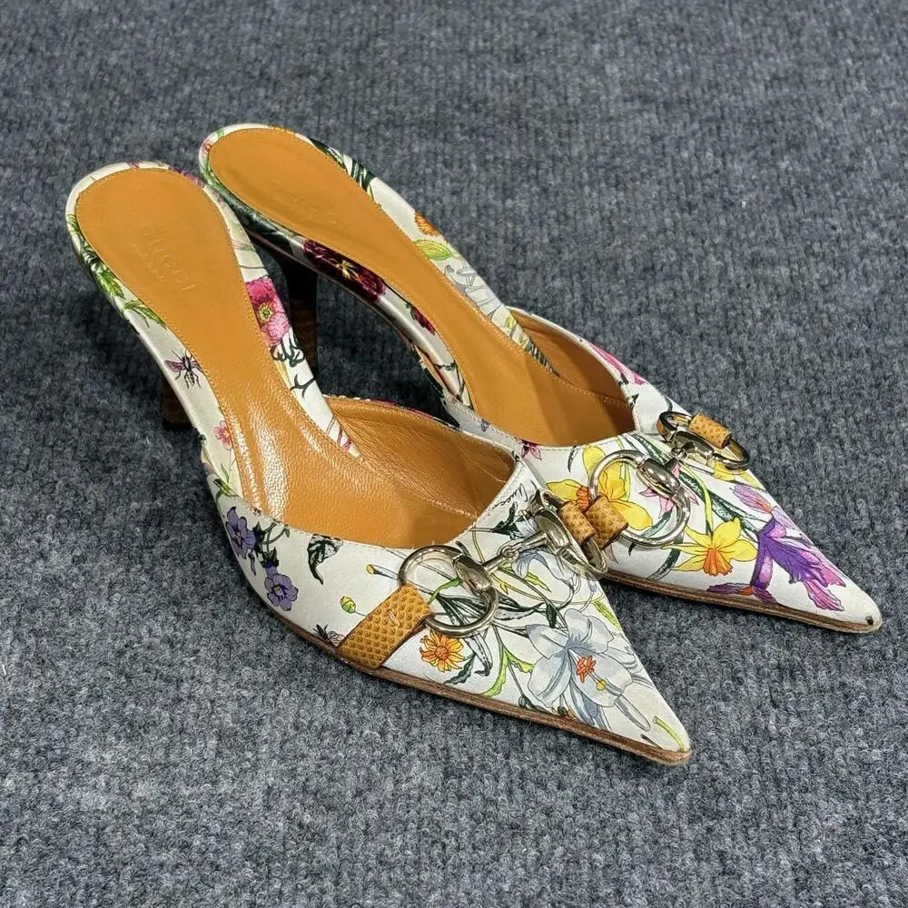 Gucci Shoes Womens 6 Multicolor Flora Pointed Toe Horsebit Mule Heels Italy